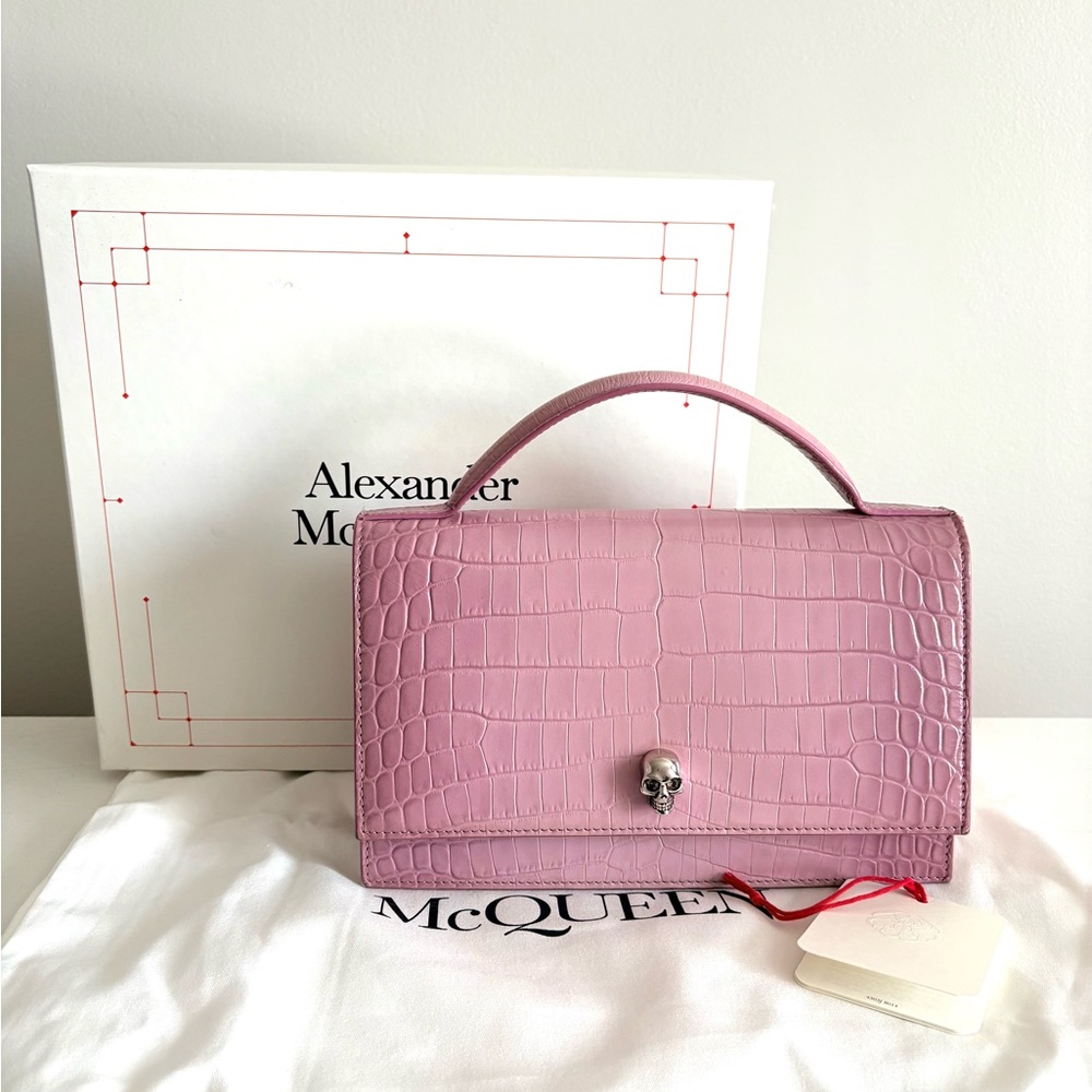 McQueen Medium Skull Croc-Embossed Leather Top Handle Bag